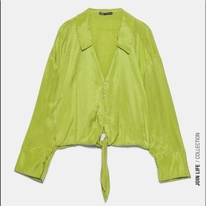 Zara Pistachio Green Tie Shirt Blouse